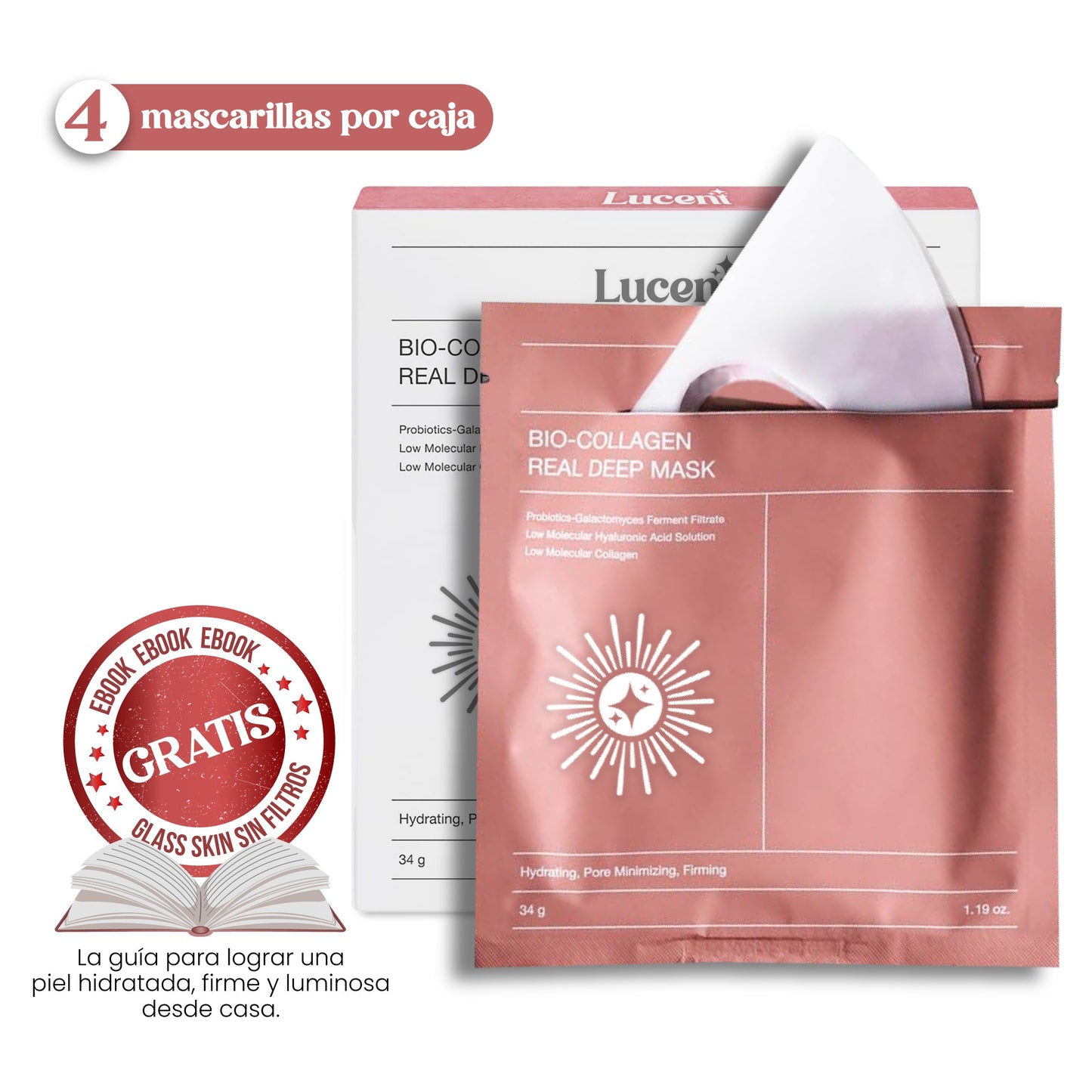 Mascarilla de Colágeno Lucent x4 | Reafirma y tonifica tu piel